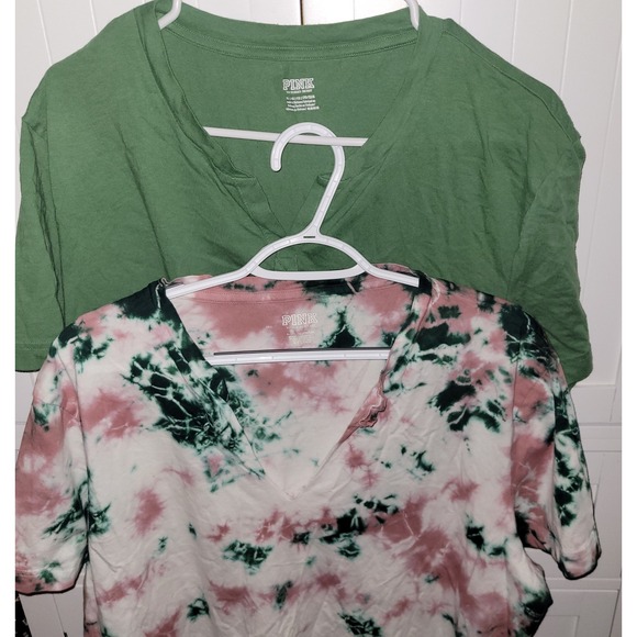 PINK Victoria's Secret Tops - Victoria's Secret PINK 2 Pack XL T-Shirts Green Solid Tie Dye Split Neck Cotton